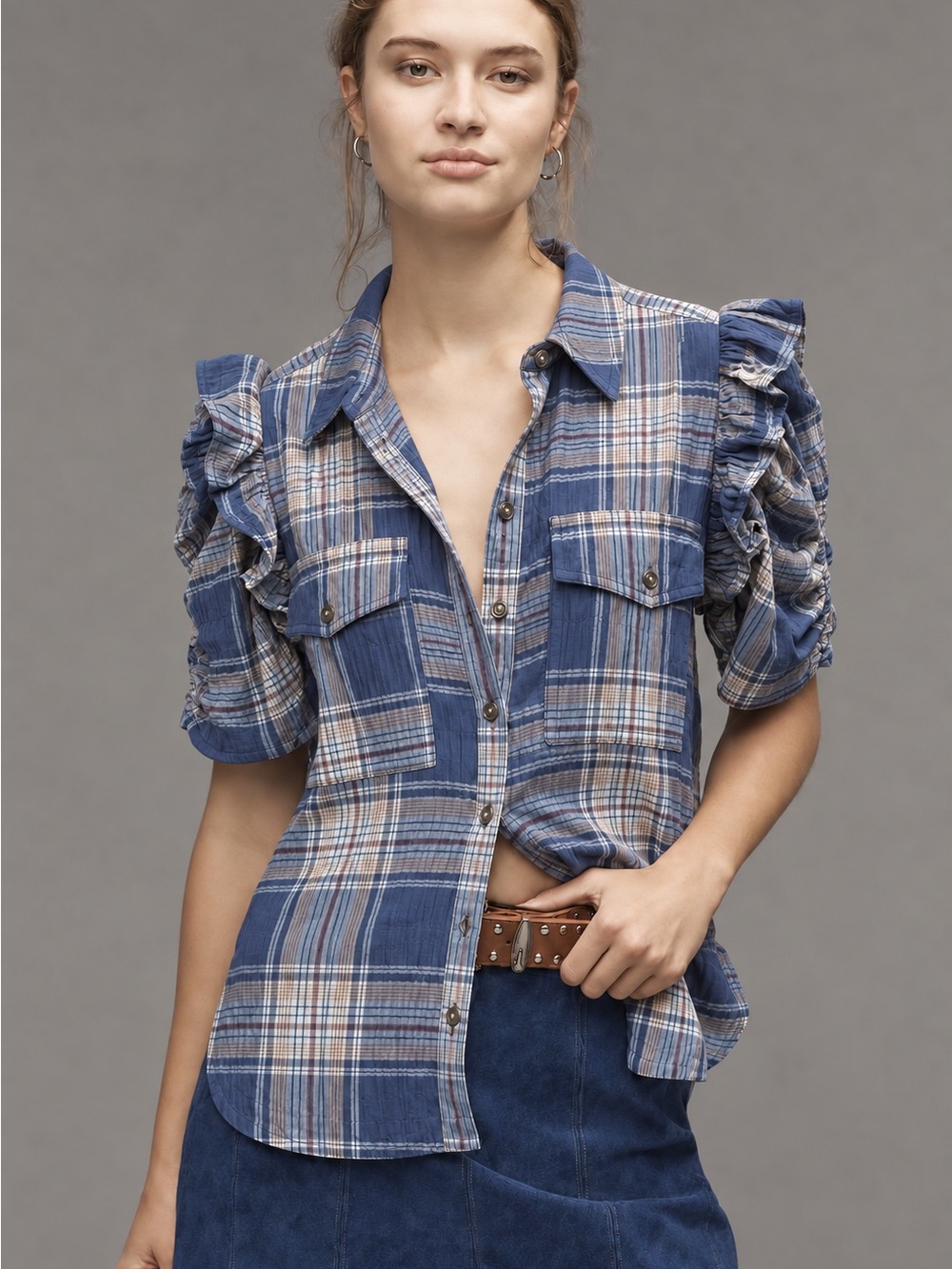Pilcro Anthropologie Ozzi Plaid Ruffle Sleeve Button Down Top